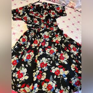 Hell Bunny Vixen Heather Black Midi V-Neck Dress with Red Floral Print Belt S